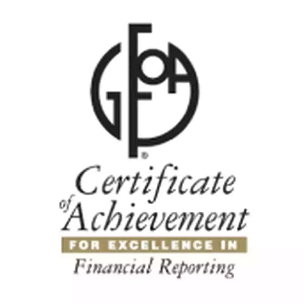GFOA Certificate of Achievement for Excellence in Financial Reporting award logo.