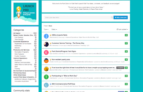 Screenshot of the Oak Park Launch Pad website, showing a forum for ideas with categories and recent submissions.