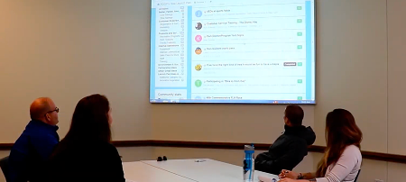 People in a meeting room watch a projector screen displaying a list of community discussion topics and recent posts.