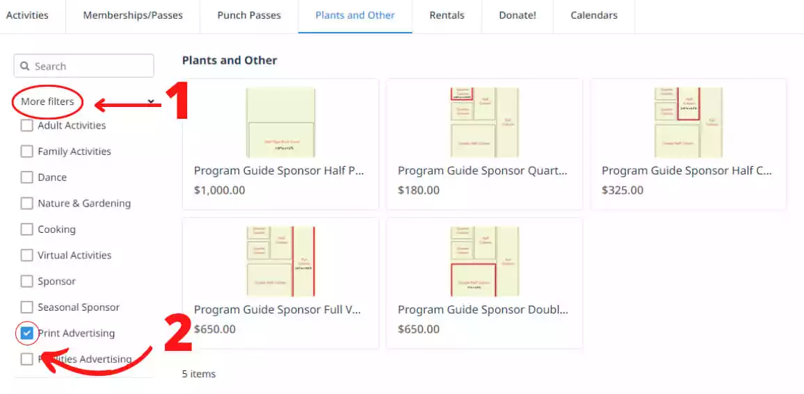 User interface showing 'Plants and Other' category with 'Print Advertising' filter selected. Program guide ad options are displayed.