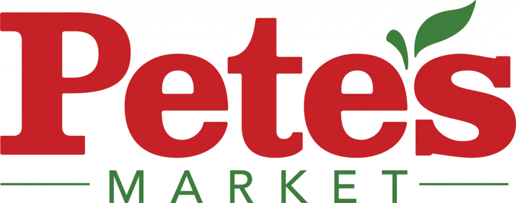 Pete's Market logo with red text for 'Pete's' and green text for 'MARKET', featuring a green apple graphic.