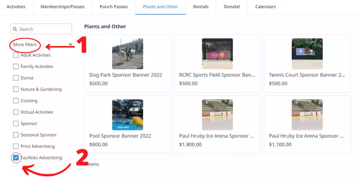 User has selected 'Facilities Advertising' filter. The page displays various sponsorship opportunities like Dog Park Sponsor Banner, RCRC Sports