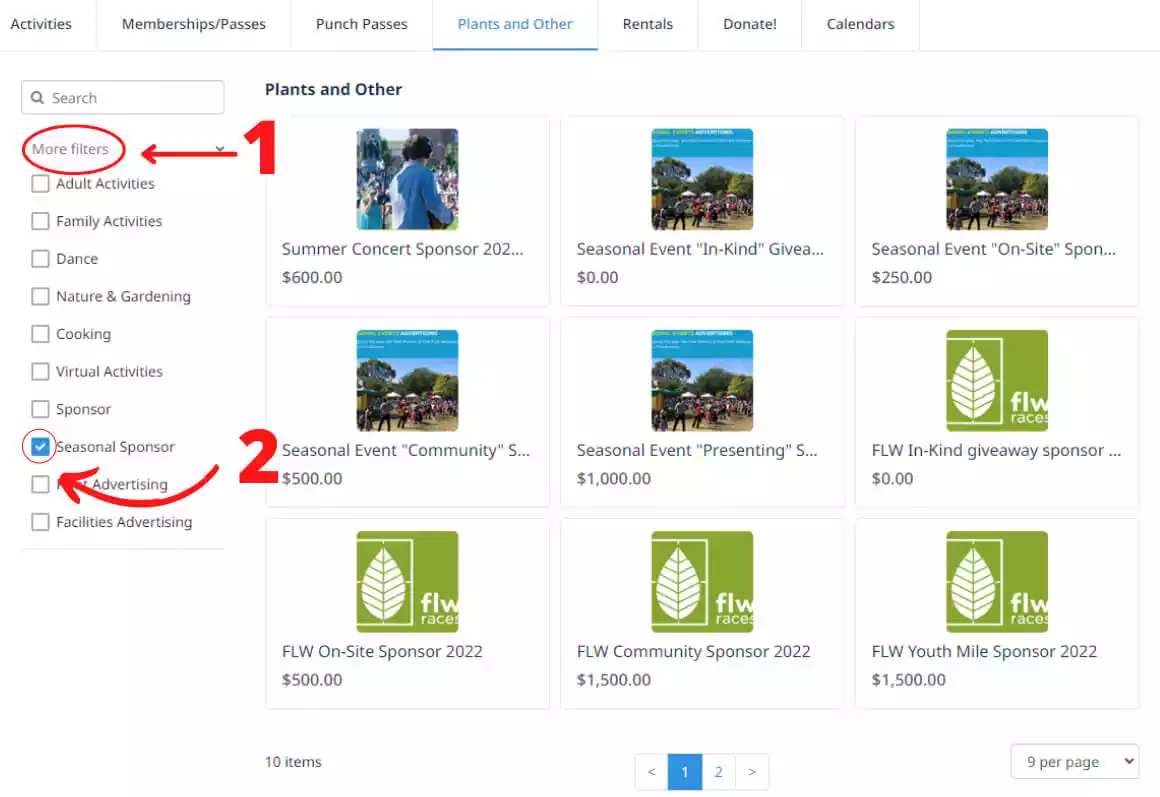 Screenshot showing the 'Plants and Other' section of a website with 'Seasonal Sponsor' filter checked. Several sponsorship opportunities are
