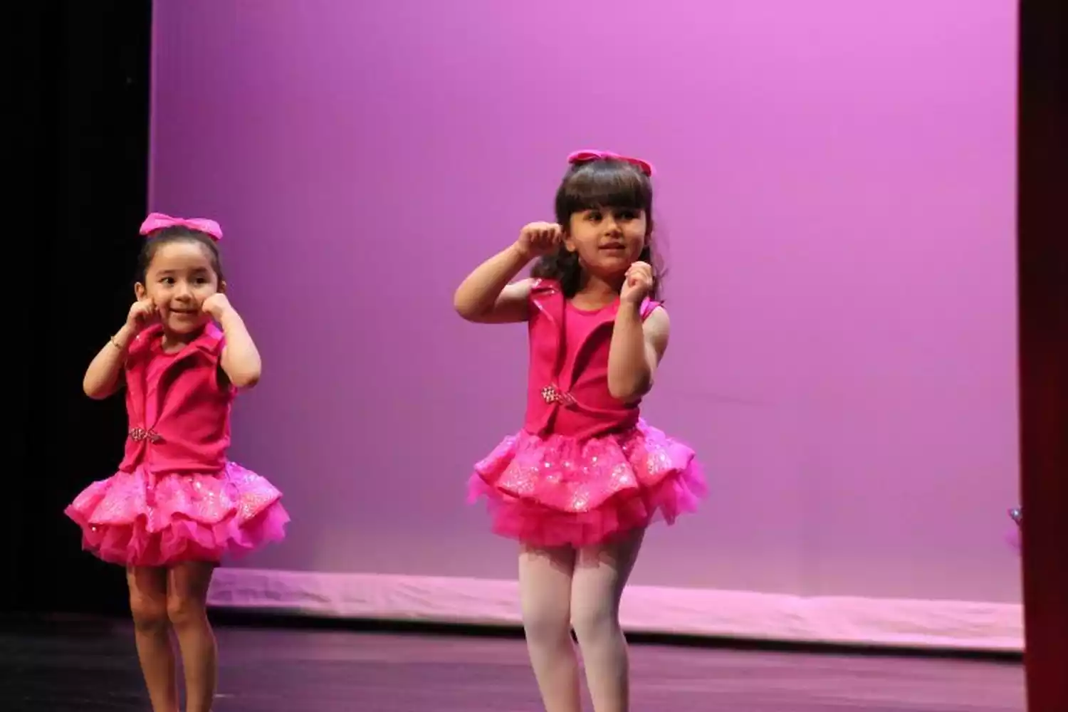 Two young girls in pink tutus and matching bows perform on a stage with a purple backdrop.
