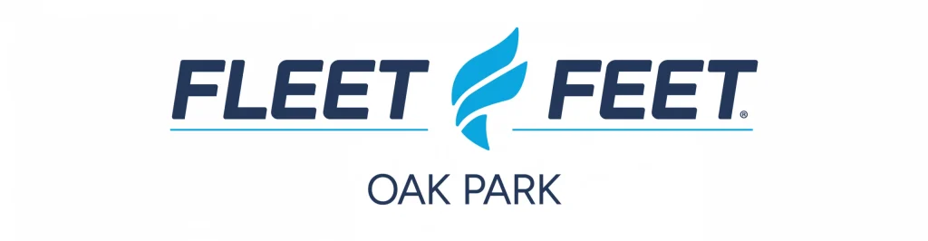 Fleet Feet Oak Park logo with dark blue text and a blue flame-like graphic.