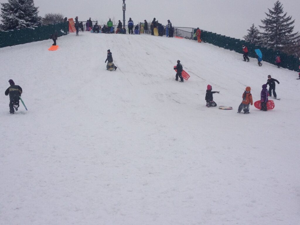 snowy hill with kids riding sleds down